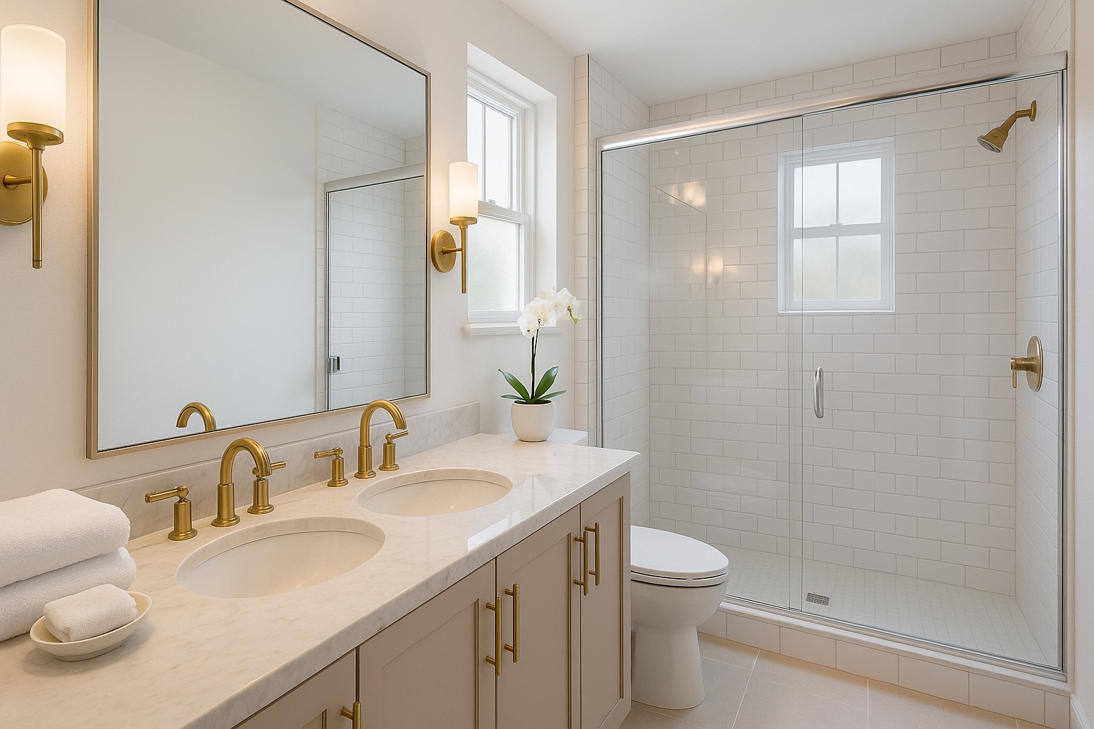 Bathroom after cleaning — streak-free mirror, spotless shower, folded towels, fresh orchid
