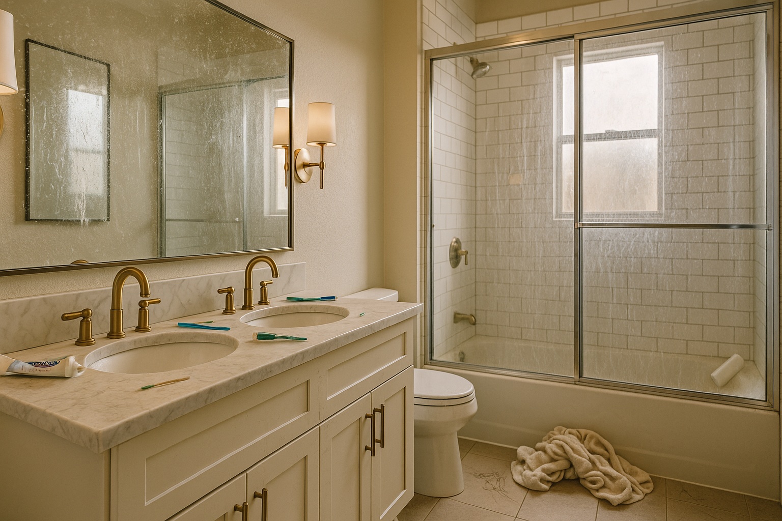 Bathroom before cleaning — water-spotted mirror, soap scum on shower glass, towels on floor