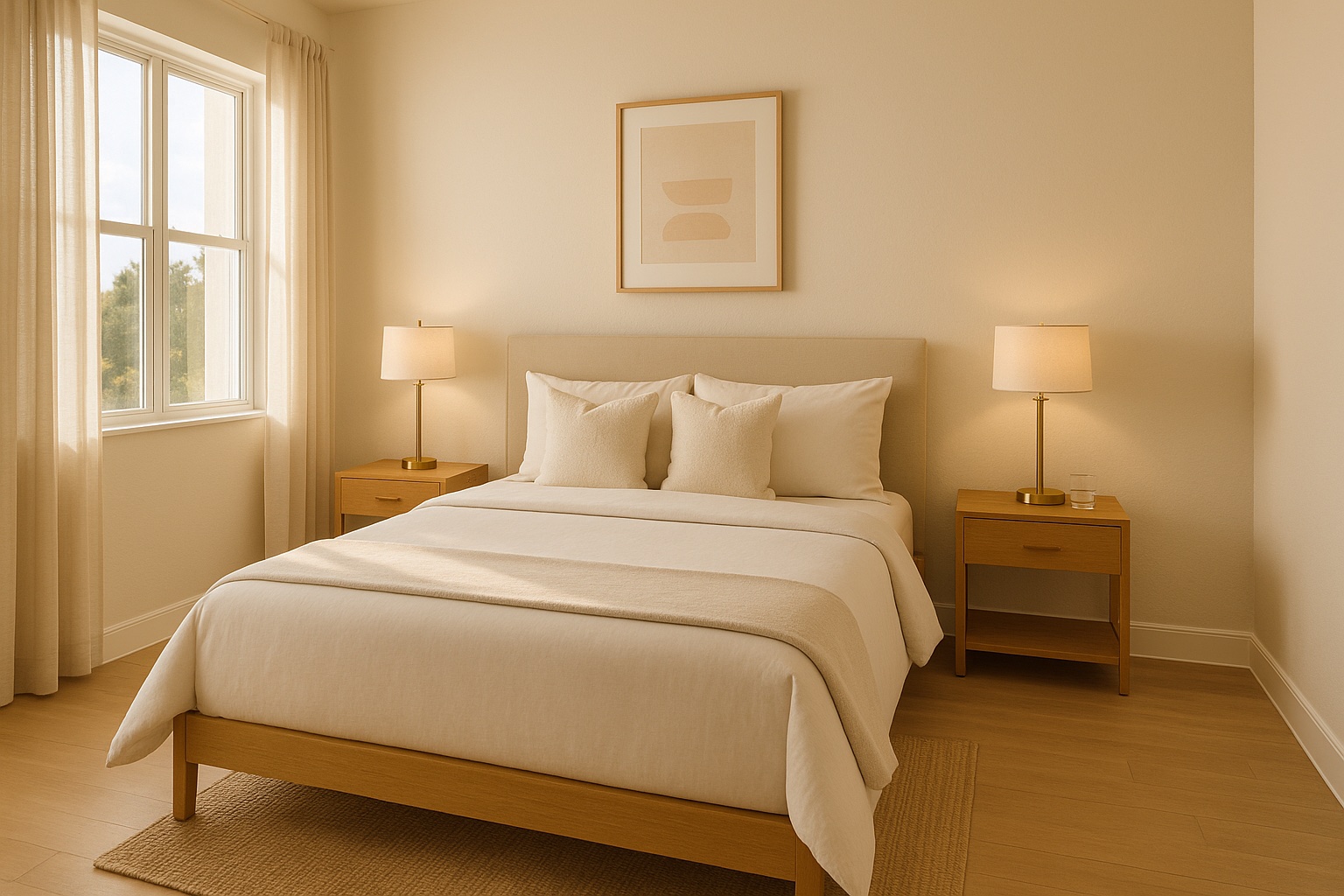 Bedroom after cleaning — crisply made bed, arranged pillows, clean nightstands