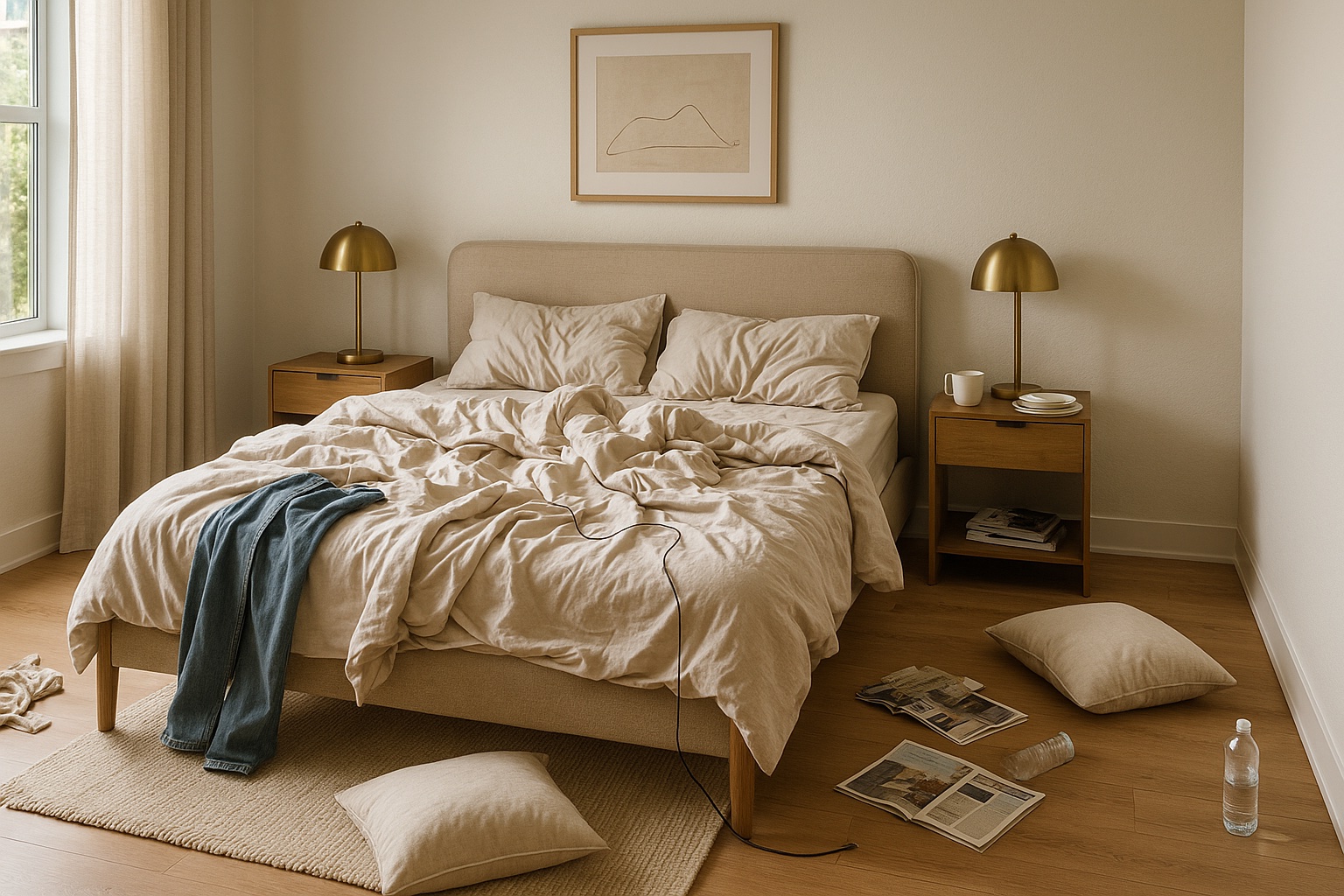 Bedroom before cleaning — unmade bed, clothes on floor, clutter on nightstand