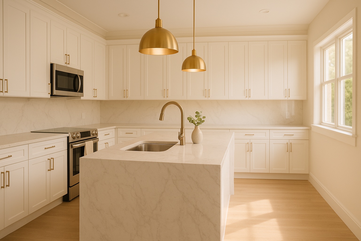 Kitchen after cleaning — pristine counters, polished surfaces, fresh eucalyptus on island
