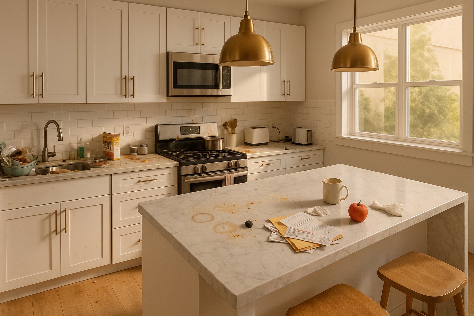 Kitchen before cleaning — dirty dishes, scattered clutter on counters